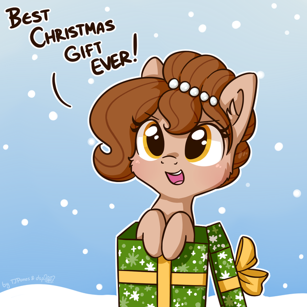 Size: 1472x1472 | Tagged: safe, artist:dsp2003, artist:tjpones, derpibooru import, oc, oc:brownie bun, unofficial characters only, earth pony, pony, blushing, box, cheek fluff, christmas, collaboration, colored, comic, cute, dialogue, ear fluff, female, holiday, mare, ocbetes, open mouth, pony in a box, single panel, smiling, snow, snowfall, solo