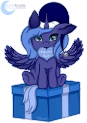 Size: 1240x1748 | Tagged: safe, artist:victoria-luna, derpibooru import, princess luna, bell, christmas, cute, female, filly, hat, heart, holiday, lunabetes, mouth hold, polish, present, s1 luna, santa hat, spread wings, wings, woona, younger