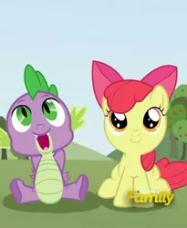 Size: 490x597 | Tagged: safe, derpibooru import, apple bloom, spike, dragon, earth pony, pony, adorabloom, bow, cute, discovery family logo, duo, fake screencap, female, filly, hair bow, male, open mouth, shipping, sitting, smiling, spikabetes, spikebloom, straight