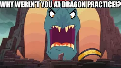 Size: 1280x720 | Tagged: derpibooru import, dragon, dragon lord torch, edit, edited screencap, gauntlet of fire, horn ring, image macro, meme, open mouth, rudolph the red nosed reindeer, safe, screencap, spike, why weren't you at elf practice?