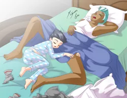 Size: 1024x791 | Tagged: armpits, artist:shinta-girl, barefoot, bed, bedsheets, brothers, clothes, cute, dark skin, derpibooru import, discarded clothing, eyes closed, feet, human, humanized, legs, light skin, male, messy bed, pajamas, penis pillow, pillow, rumble, rumblebetes, safe, sleeping, socks, tanned, thunderlane, toenails, toes