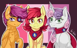 Size: 3208x2000 | Tagged: safe, artist:yumeyuuheii, derpibooru import, apple bloom, scootaloo, sweetie belle, earth pony, pegasus, pony, unicorn, abstract background, bandana, clothes, cutie mark, cutie mark crusaders, ear fluff, eyepatch, female, fluffy, looking at you, mare, older, raised hoof, scar, scarf, sitting, smiling, the cmc's cutie marks, torn ear, trio