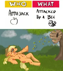 Size: 9000x10142 | Tagged: semi-grimdark, artist:vampire-wolf-girl, derpibooru import, applejack, bee, earth pony, pony, absurd resolution, abuse, bee sting, female, jackabuse, mare, on back, pain, solo, this will end in death, this will end in tears and/or death