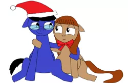 Size: 2636x1720 | Tagged: safe, artist:blazewing, derpibooru import, oc, oc:blazewing, oc:pecan sandy, unofficial characters only, pegasus, pony, belly, bow, boyfriend and girlfriend, christmas, chubby, couple, cute, glasses, hat, hearth's warming, holiday, hug, plump, santa hat, simple background, smiling