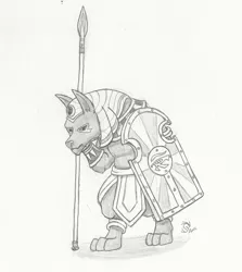 Size: 1754x1969 | Tagged: ancient anugypt, anubis, artist:sensko, derpibooru import, egyptian, grayscale, jackal, monochrome, pencil drawing, safe, shield, simple background, solo, spear, traditional art, weapon, white background