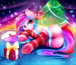 Size: 2800x2400 | Tagged: suggestive, artist:koveliana, derpibooru import, oc, unofficial characters only, earth pony, pony, accidentally featured on eqd, christmas, christmas tree, chromatic aberration, clothes, commission, female, holiday, holly, holly mistaken for mistletoe, lying, mare, plot, present, side, smiling, socks, solo, solo female, stockings, striped socks, thigh highs, tree, ych result