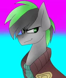 Size: 1740x2030 | Tagged: safe, artist:h0rnycorn, artist:ladylitasparkle, derpibooru import, oc, oc:greener, unofficial characters only, pony, clothes, jacket, male, solo, stallion