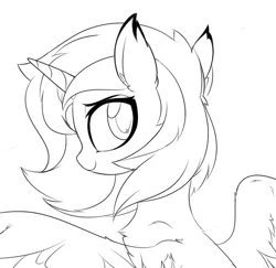 Size: 606x590 | Tagged: safe, artist:aureai-sketches, derpibooru import, princess luna, alicorn, pony, bust, chest fluff, ear fluff, female, filly, happy, looking back, monochrome, s1 luna, sketch, smiling, solo, spread wings, wing fluff, wings, wip, woona, younger