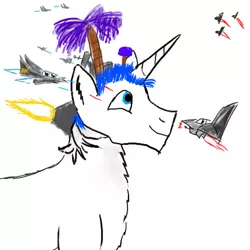 Size: 500x500 | Tagged: safe, artist:horsesplease, derpibooru import, edit, double diamond, unicorn, aircraft, grass, laser, paint tool sai, satellite dish, spaceship, species swap, tree, volcano