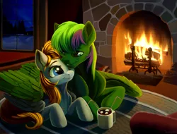 Size: 2840x2160 | Tagged: safe, artist:taneysha, derpibooru import, oc, oc:brocc, oc:cookie byte, unofficial characters only, pony, commission, female, fireplace, male, mare, mug, oc x oc, shipping, smiling, snow, stallion, straight, window, winter