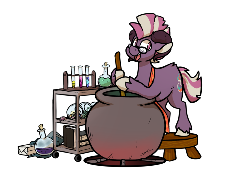 Size: 1024x795 | Tagged: safe, artist:crownedspade, derpibooru import, oc, oc:plum jam, unofficial characters only, pony, cauldron, flask, male, ram horns, simple background, solo, stallion, transparent background