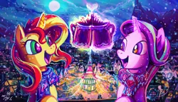 Size: 3208x1837 | Tagged: safe, artist:jowybean, derpibooru import, starlight glimmer, sunset shimmer, pony, unicorn, building, clothes, cloud, color porn, eyestrain warning, full moon, glowing horn, lights, looking at each other, magic, moon, night, open mouth, ponyville, scarf, sky, smiling, snow, telekinesis, winter