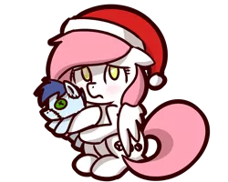 Size: 1280x1024 | Tagged: safe, artist:sugar morning, derpibooru import, oc, oc:slipstream, oc:sugar morning, unofficial characters only, pegasus, pony, chibi, christmas, cute, female, hat, holiday, male, mare, oc x oc, plushie, santa hat, scared, shipping, simple background, sitting, straight, sugarstream, sweet, transparent background