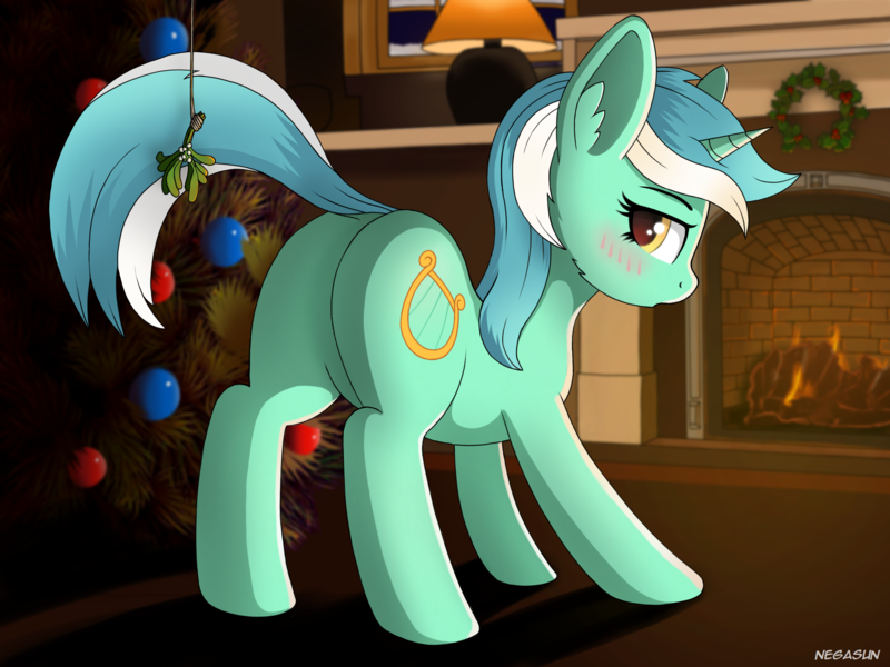 Size: 2732x2048 | Tagged: suggestive, artist:negasun, derpibooru import, lyra heartstrings, pony, unicorn, accidentally featured on eqd, blushing, cheek fluff, christmas, christmas tree, ear fluff, female, fireplace, holiday, kiss my ass, looking at you, looking back, looking back at you, mare, mistletoe, mistletoe abuse, raised tail, solo, tail, tree