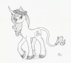 Size: 1862x1644 | Tagged: safe, artist:sensko, derpibooru import, classical unicorn, pony, unicorn, celtic knot, chest fluff, cloven hooves, curved horn, damsel, floral head wreath, flower, grayscale, leonine tail, monochrome, pencil drawing, prance, simple background, sketch, solo, traditional art, unshorn fetlocks, white background