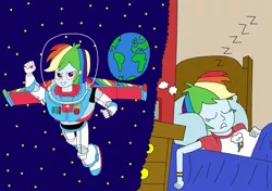 Size: 2337x1649 | Tagged: safe, artist:equestriaguy637, derpibooru import, rainbow dash, equestria girls, astronaut, bed, bedroom, buzz lightyear, clothes, cosplay, costume, crossover, cutie mark, cutie mark on clothes, dream, earth, pajamas, photo frame, pillow, sleeping, space, spacesuit, stars, toy story, wristband, zzz