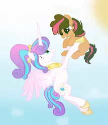 Size: 842x981 | Tagged: safe, artist:theapplebeauty, derpibooru import, princess flurry heart, oc, oc:charm book, earth pony, pony, female, flying, holding a pony, mare, offspring, older, parent:cheese sandwich, parent:twilight sparkle, parents:cheeselight