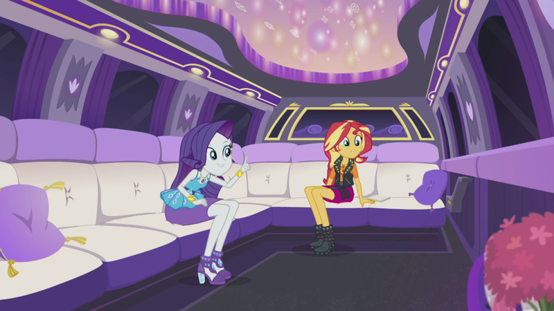 Size: 1920x1080 | Tagged: safe, derpibooru import, screencap, rarity, sunset shimmer, driving miss shimmer, equestria girls, equestria girls series, driving miss shimmer: rarity, geode of empathy, geode of shielding, limousine, magical geodes