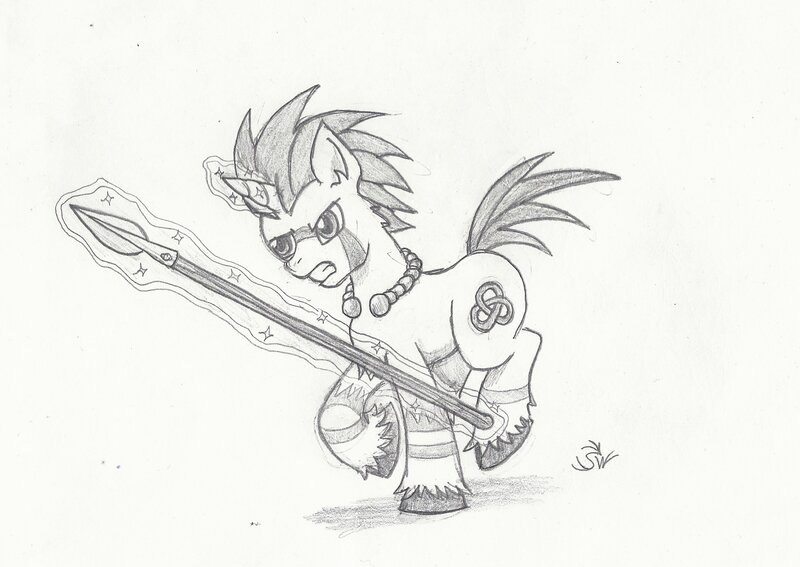 Size: 2120x1503 | Tagged: safe, artist:sensko, derpibooru import, pony, unicorn, celtic, celtic knot, gaul, grayscale, magic, magic aura, monochrome, pencil drawing, simple background, sketch, solo, spear, torque, traditional art, tribal, war paint, warrior, weapon, white background