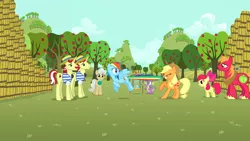 Size: 3840x2160 | Tagged: safe, derpibooru import, screencap, apple bloom, applejack, big macintosh, flam, flim, mayor mare, rainbow dash, spike, dragon, earth pony, pegasus, pony, unicorn, the super speedy cider squeezy 6000, apple tree, barrel, barrels, biting, female, filly, flim flam brothers, high res, hourglass, male, mare, stallion, sweet apple acres, tail, tail bite, tail pull, tree