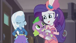 Size: 1920x1080 | Tagged: safe, derpibooru import, screencap, rarity, spike, spike the regular dog, trixie, dog, equestria girls, equestria girls series, rarity investigates: the case of the bedazzled boot, clothes, detective rarity, hoodie, rarity investigates (eqg): trixie