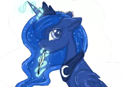 Size: 1024x724 | Tagged: safe, artist:aurasinchaser, derpibooru import, princess luna, pony, bust, feather, magic, portrait, solo