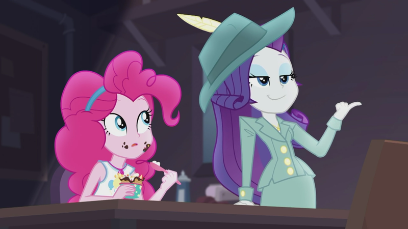 Size: 1920x1080 | Tagged: safe, derpibooru import, screencap, pinkie pie, rarity, equestria girls, equestria girls series, rarity investigates: the case of the bedazzled boot, choose your own ending (season 1), food, frozen yogurt, hat, rarity investigates (eqg): pinkie pie