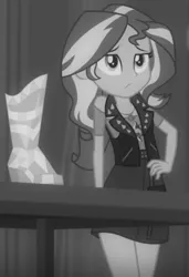 Size: 530x775 | Tagged: safe, derpibooru import, screencap, sunset shimmer, equestria girls, equestria girls series, rarity investigates: the case of the bedazzled boot, black and white, boots, cropped, grayscale, hand on hip, legs, monochrome, noir, sexy, shoes, solo
