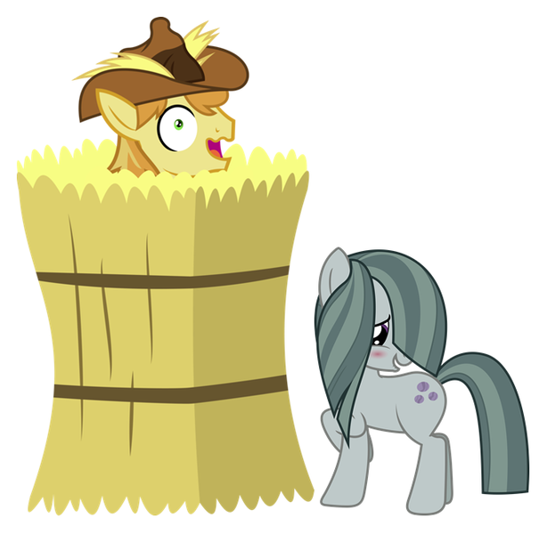 Size: 684x668 | Tagged: blushing, braeble, braeburn, derpibooru import, embarrassed, female, hay bale, hayburn, male, marble pie, oops, safe, shipping, straight