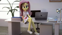 Size: 3840x2160 | Tagged: safe, artist:efk-san, derpibooru import, fluttershy, equestria girls, 3d, bedroom eyes, blender, book, clothes, computer, crossed legs, cute, female, flutternurse, lamp, laptop computer, looking at you, nurse, shyabetes, solo, window