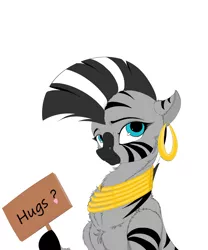 Size: 1024x1229 | Tagged: safe, artist:heathfiedler, artist:skitsniga, color edit, derpibooru import, edit, zecora, bronybait, colored, cute, ear piercing, earring, fluffy, free hugs, hug request, jewelry, looking at you, piercing, sign, simple background, solo, white background, zecorable