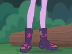 Size: 2048x1536 | Tagged: safe, derpibooru import, sci-twi, twilight sparkle, equestria girls, equestria girls series, stressed in show, stressed in show: fluttershy, boots, legs, log, mud, muddy, pictures of legs, shoes, stars