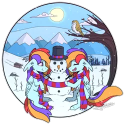 Size: 1751x1748 | Tagged: artist:celiaurore, clothes, derpibooru import, hat, mountain, mountain range, oc, oc:sunrise stratus, oc:sunset stratus, rainbow hair, safe, scarf, shared clothing, shared scarf, simple background, snow, snowman, stratus twins, top hat, transparent background, tree, twins, unofficial characters only, winter