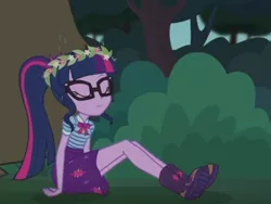 Size: 2048x1536 | Tagged: safe, derpibooru import, screencap, harry, sci-twi, twilight sparkle, equestria girls, equestria girls series, stressed in show, stressed in show: fluttershy, boots, eyes closed, floral head wreath, flower, glasses, mud, muddy, shoes, sleeping