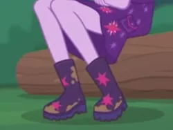 Size: 2048x1536 | Tagged: safe, derpibooru import, sci-twi, twilight sparkle, equestria girls, equestria girls series, stressed in show, stressed in show: fluttershy, boots, clothes, legs, log, mud, muddy, pictures of legs, shoes, skirt, stars