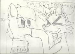 Size: 2338x1700 | Tagged: anime, artist:2tailedderpy, boop, chest fluff, christmas sweater, clothes, derpibooru import, ear fluff, fox, hearth's warming, hybrid, oc, oc:cover story, oc:two-tailed derpy, safe, sketch, sweater, traditional art, unofficial characters only