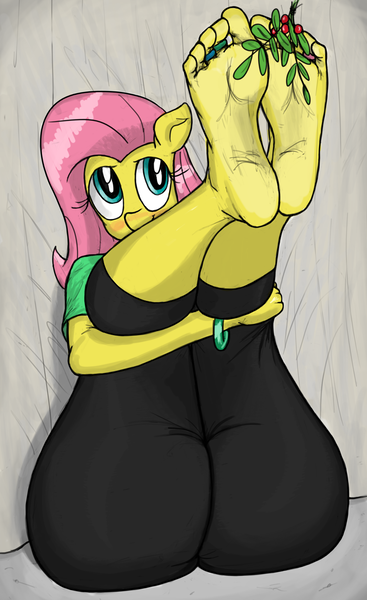 Size: 1223x2000 | Tagged: anthro, artist:fetishsketches, ass, barefoot, bracelet, clothes, derpibooru import, feet, female, fetish, flutterbutt, fluttershy, foot fetish, holly, holly mistaken for mistletoe, jewelry, large butt, mistletoe, pants, plantigrade anthro, soles, solo, solo female, suggestive, toe ring, toes, yoga pants