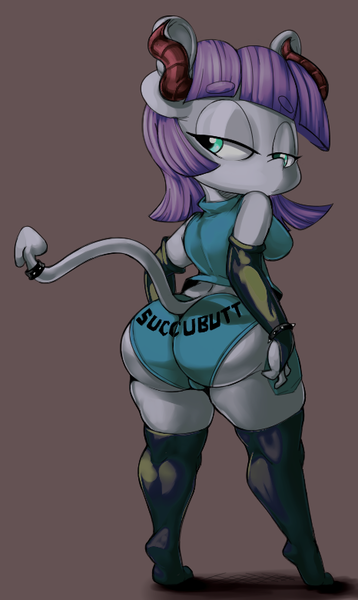 Size: 466x780 | Tagged: suggestive, artist:purple-yoshi-draws, color edit, derpibooru import, edit, maud pie, anthro, earth pony, plantigrade anthro, succubus, 4chan, ass, boulder buns, breasts, clothes, colored, female, looking back, mare, midriff, monochrome, panties, socks, solo, solo female, stockings, stupid sexy maud pie, thigh highs, underwear