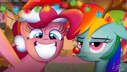 Size: 1280x720 | Tagged: antlers, artist:lennonblack, christmas, christmas lights, derpibooru import, floppy ears, grin, hat, holiday, photo, pinkie pie, rainbow dash, rainbow dash is not amused, red nose, reindeer antlers, reindeer dash, rudolph dash, safe, santa hat, selfie, signature, smiling, unamused