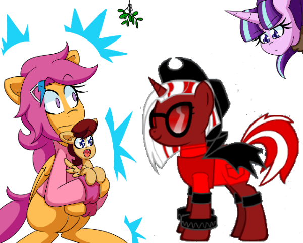 Size: 600x480 | Tagged: safe, artist:jake heritagu, derpibooru import, scootaloo, starlight glimmer, oc, oc:lightning blitz, pegasus, pony, unicorn, comic:ask motherly scootaloo, baby, baby pony, cloak, clothes, colt, female, hairpin, holding a pony, male, mistletoe, mistletoe meme, mother and son, motherly scootaloo, offspring, older, older scootaloo, parent:rain catcher, parent:scootaloo, parents:catcherloo, simple background, sweatshirt, transparent background