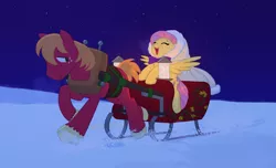 Size: 5628x3430 | Tagged: safe, artist:carnifex, derpibooru import, big macintosh, fluttershy, earth pony, pegasus, pony, cute, duo, eyes closed, female, fluttermac, freckles, lantern, looking back, male, mare, night, open mouth, shipping, shyabetes, singing, sled, smiling, snow, stallion, straight