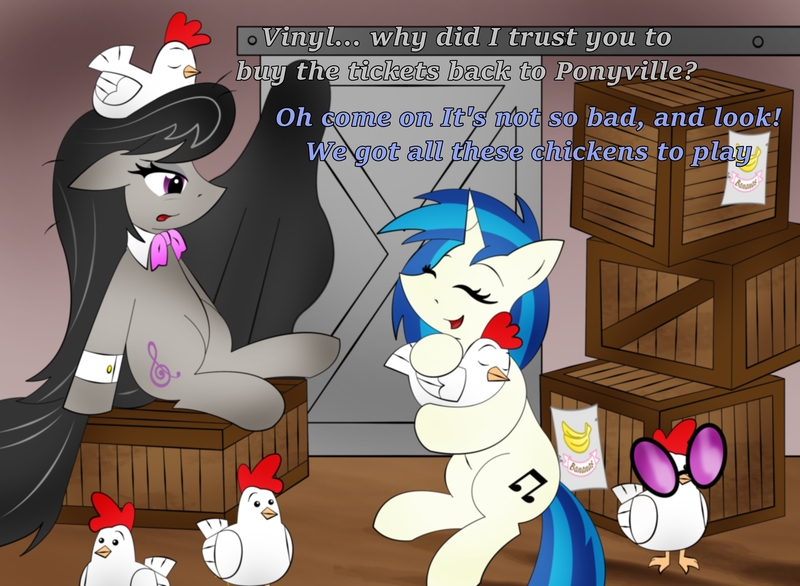 Size: 3480x2550 | Tagged: safe, artist:poseidonathenea, derpibooru import, octavia melody, vinyl scratch, chicken, earth pony, pony, unicorn, banana, crates, cute, dialogue, eyes closed, female, food, mare, octavia is not amused, sitting, smiling, train, unamused