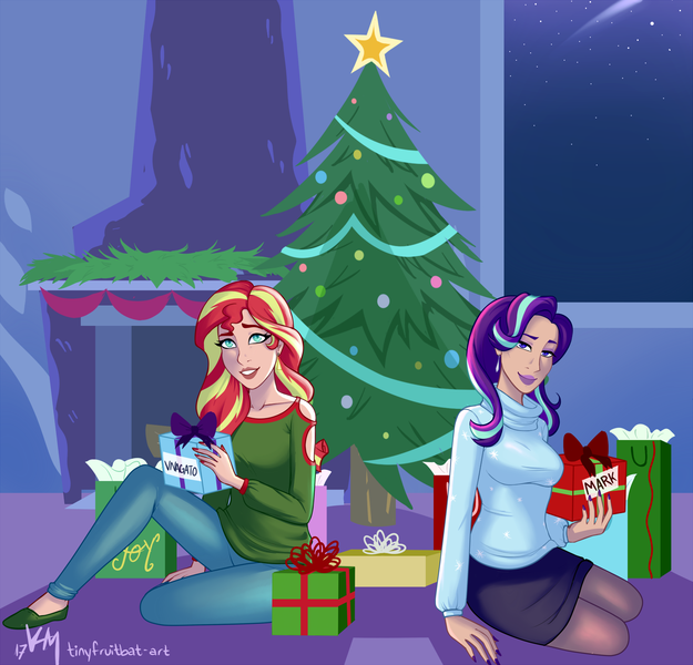 Size: 1600x1535 | Tagged: safe, artist:emberfan11, derpibooru import, starlight glimmer, sunset shimmer, human, christmas, christmas tree, clothes, commission, ear piercing, earring, female, holiday, humanized, jewelry, lipstick, nail polish, piercing, present, socks, stockings, sweater, thigh highs, tree