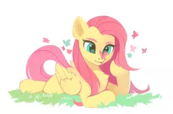 Size: 2625x1729 | Tagged: safe, artist:lispp, derpibooru import, fluttershy, butterfly, pegasus, pony, butterfly on nose, chest fluff, cute, female, insect on nose, lying down, mare, prone, shyabetes, simple background, solo, white background