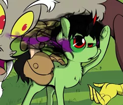 Size: 1023x872 | Tagged: artist needed, source needed, safe, derpibooru import, discord, oc, oc:anon, oc:colt anon, ponified, earth pony, pony, fanfic, bag, colt, fanfic art, grass, male, saddle bag, sombra eyes