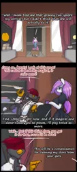 Size: 338x750 | Tagged: safe, artist:darkestmbongo, derpibooru import, oc, oc:d.d, unnamed oc, unofficial characters only, earth pony, gryphon, pony, ask ddthemaid, comic:ddthemaid memories, clothes, comic, counter, curtain, dialogue, dress, female, pigtails, shelves, skirt