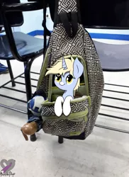 Size: 2892x3972 | Tagged: safe, artist:kimjoman, derpibooru import, oc, oc:nootaz, unofficial characters only, bag, cute, female, freckles, high res, irl, looking up, photo, pony in a bag, school, solo