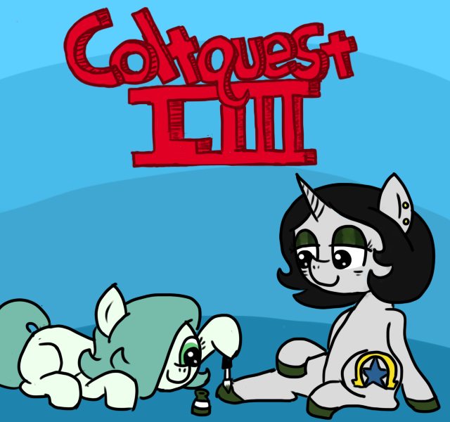 Size: 640x600 | Tagged: safe, artist:ficficponyfic, derpibooru import, oc, oc:emerald jewel, oc:joyride, unofficial characters only, earth pony, pony, unicorn, colt quest, blank flank, child, color, colt, concentrating, cute, cutie mark, cyoa, ear piercing, eyeshadow, female, femboy, foal, hair over one eye, hoof polish, makeup, male, mare, nail polish, omega, painted hooves, piercing, smiling, stars, story included, title, title card, toenail polish, trap