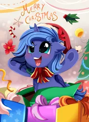 Size: 2550x3509 | Tagged: safe, artist:pridark, derpibooru import, princess luna, alicorn, pony, blushing, candy, candy cane, christmas, christmas tree, cute, daaaaaaaaaaaw, female, filly, food, hnnng, holiday, lunabetes, mare, merry christmas, open mouth, present, pridark is trying to murder us, smiling, solo, tree, underhoof, woona, younger