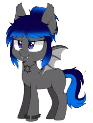 Size: 1815x2389 | Tagged: safe, artist:higgly-chan, derpibooru import, oc, oc:starlight shadow, unofficial characters only, bat pony, pony, 2018 community collab, derpibooru community collaboration, bat pony oc, bracelet, chibi, cute, ear fluff, fangs, gradient mane, jewelry, necklace, simple background, solo, star of david, transparent background